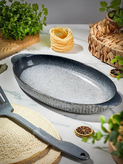 Форма для выпечки керамика, 36х18.5х3.5 см, 1 л, овальная, серо-синяя, Daniks, Гранит, Y4-8723