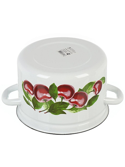 Кастрюля эмалированная сталь, 4 л, крышка сталь, цилиндрическая, Керченский металлургический завод, Вишневый сад, 41704-142/6-У4, белая