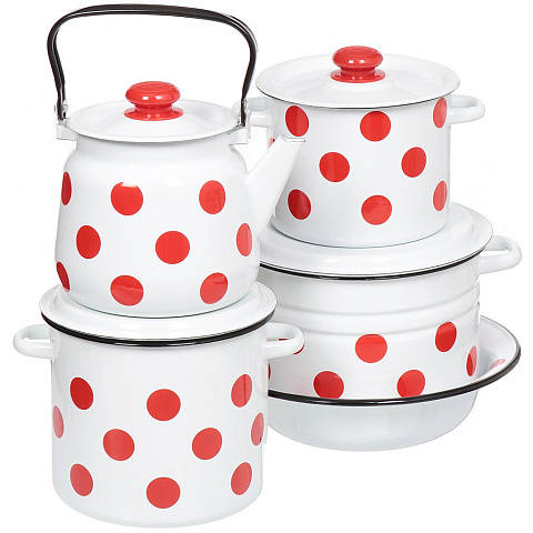 Набор эмалированной посуды Сибирские товары Красный горох 24 N24B79 (кастрюля 3.5+5.5+8 л, чайник 3.5 л, салатник 4 л), 9 предметов
