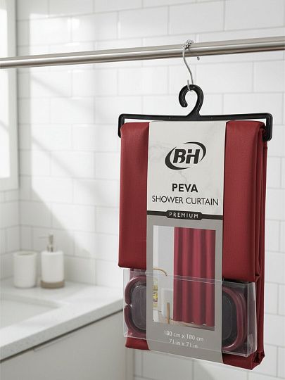 Штора для ванн 180х180 см, PEVA, Бордовый матовый, с кольцами, Y4-11178